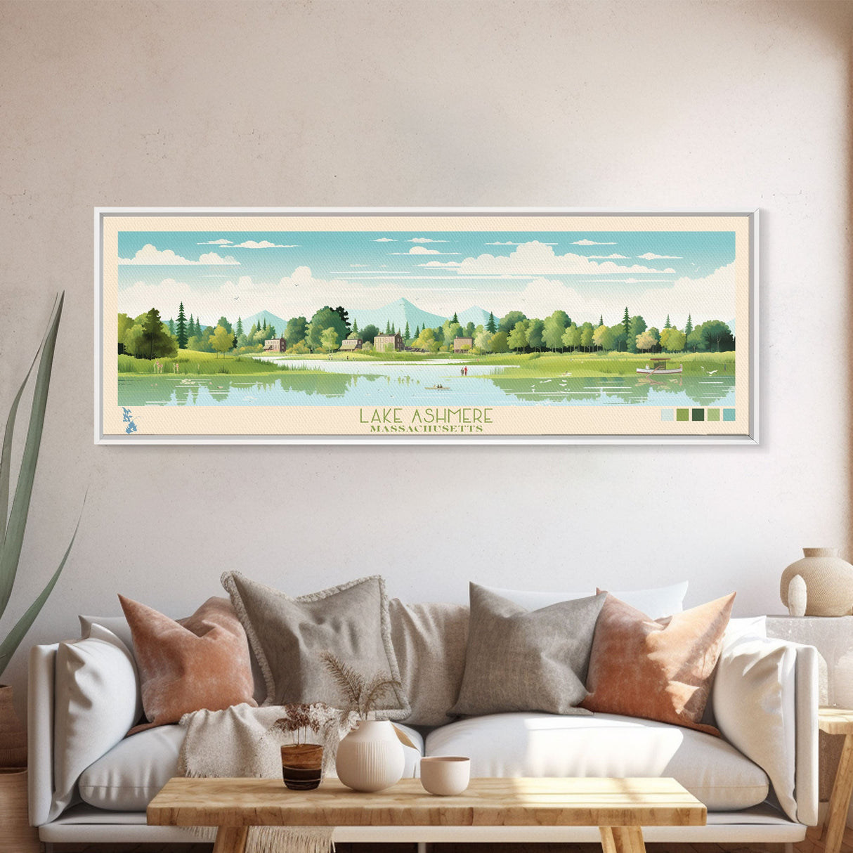 Lake Ashmere Massachusetts Framed Canvas Print, Panoramic Art, Midcentury Modern, Pop Art, Living Room Wall Art, Travel Poster, Lake House Decor