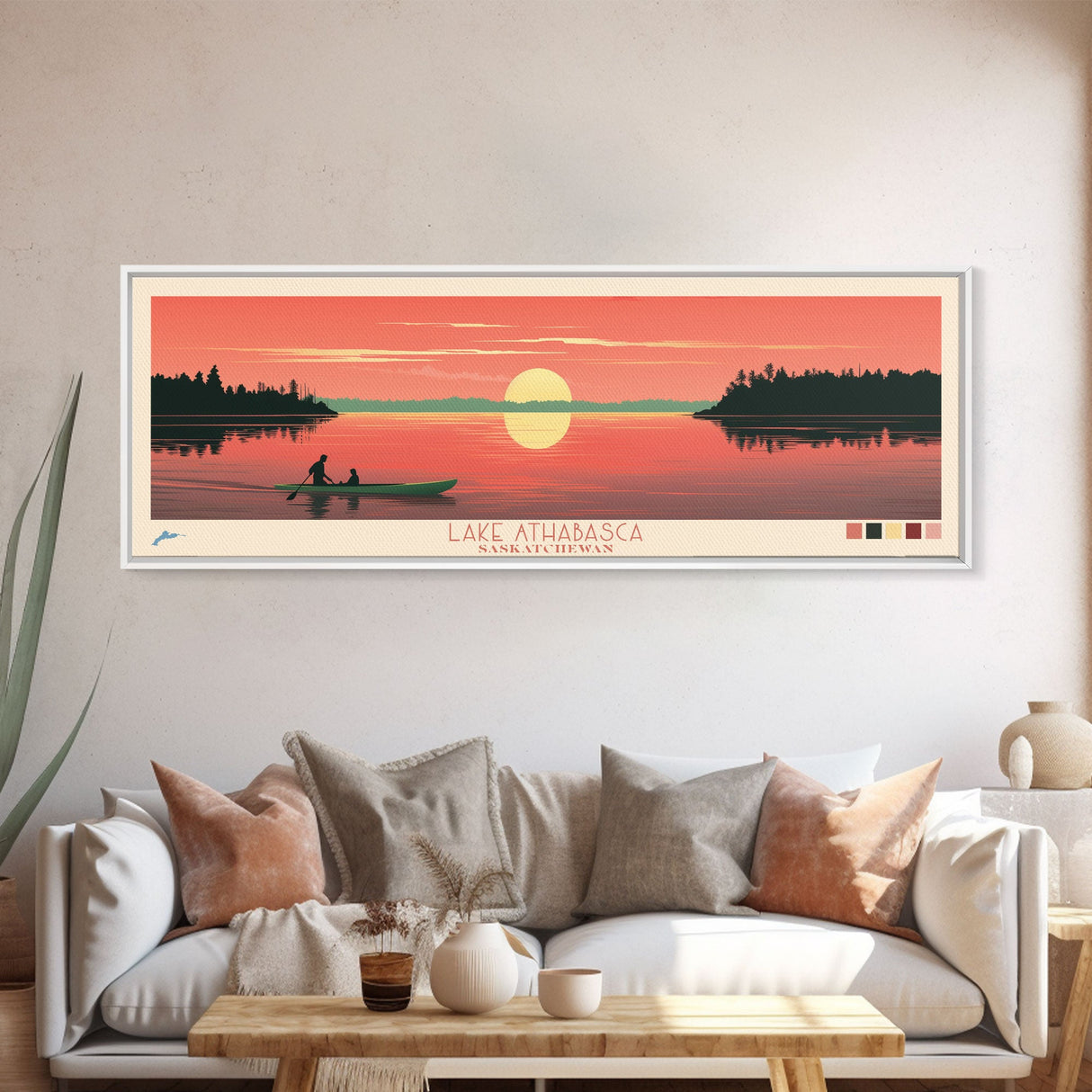 Lake Athabasca Saskatchewan Framed Canvas Print, Panoramic Wall Art, Midcentury Modern, Pop Art, Bedroom Decor, Travel Poster, Living Room Art