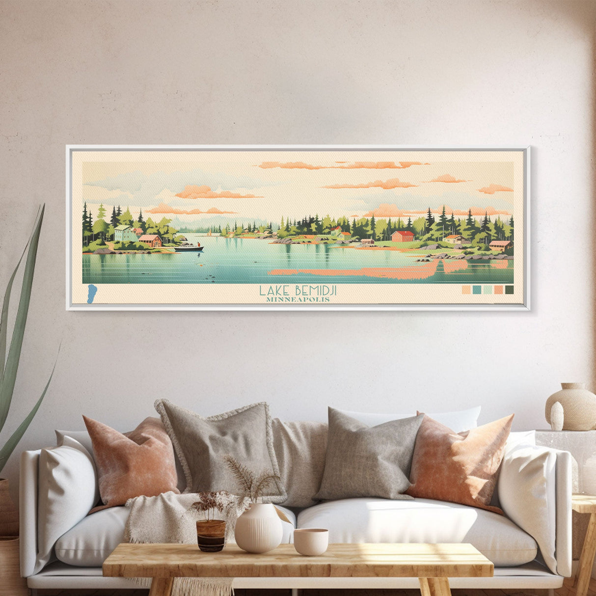 Lake Bemidji Minneapolis Framed Canvas Print, Panoramic Wall Art, Midcentury Modern, Pop Art, Bedroom Decor, Travel Poster, Living Room Art