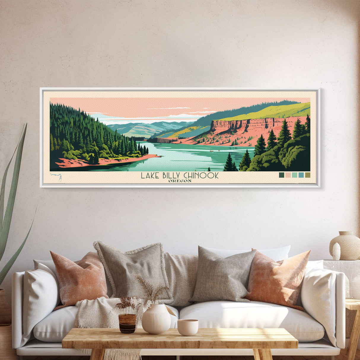 Lake Billy Chinook Oregon Framed Canvas Print, Panoramic Wall Art, Midcentury Modern, Pop Art, Living Room Decor, Travel Poster, Bedroom Art