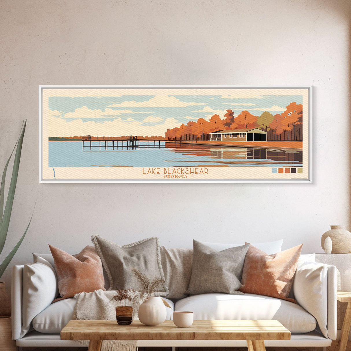 Lake Blackshear Georgia Framed Canvas Print, Panoramic Wall Art, Midcentury Modern, Pop Art, Bedroom Decor, Travel Poster, Living Room Art