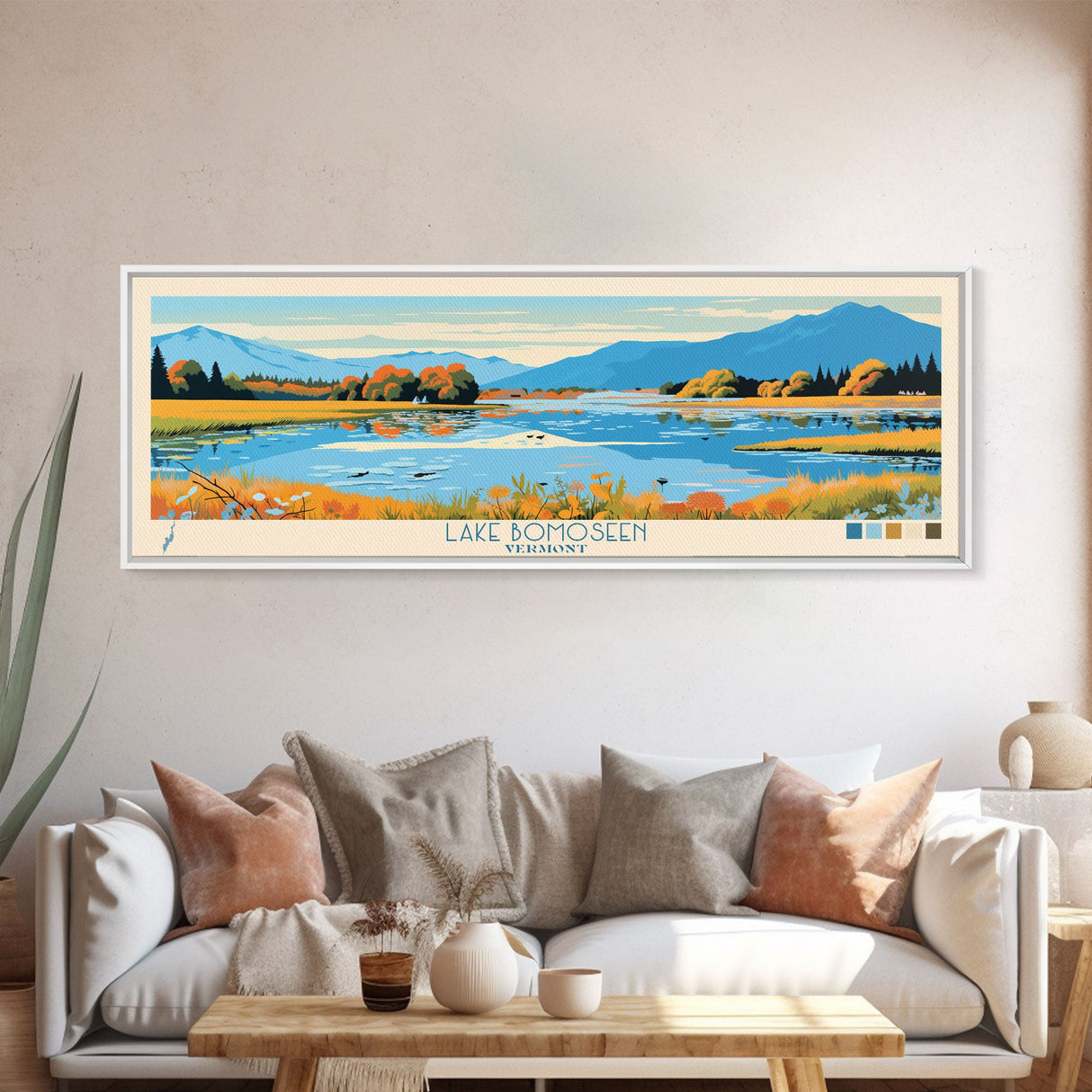 Lake Bomoseen Vermont Framed Canvas Print, Panoramic Wall Art, Midcentury Modern, Pop Art, Bedroom Decor, Travel Poster, Living Room Art