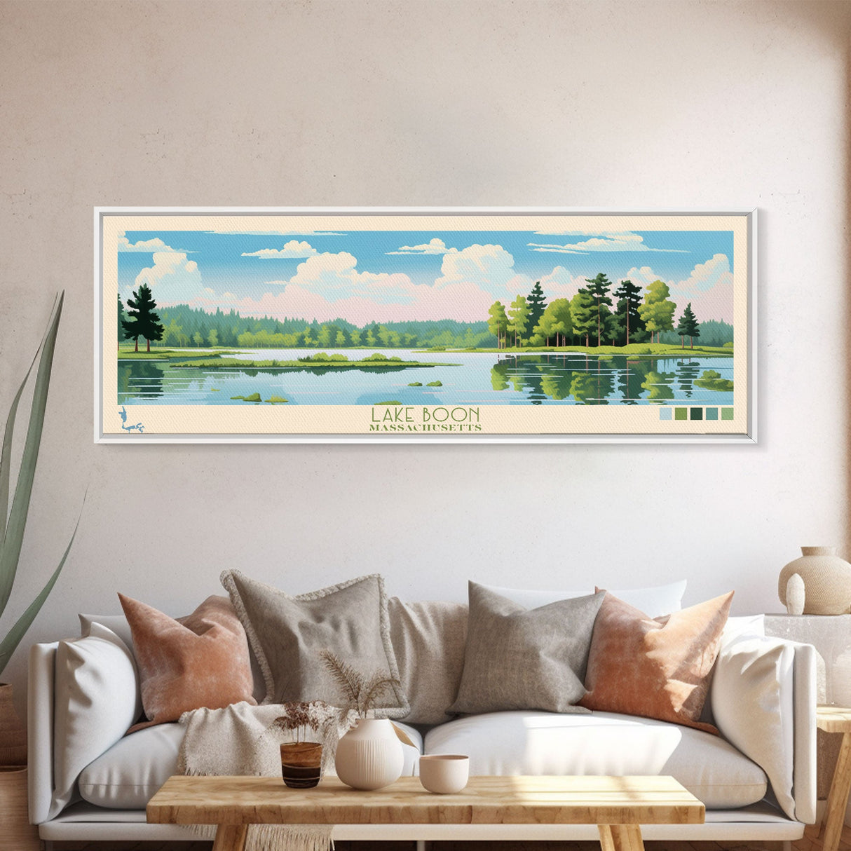 Lake Boon Massachusetts Framed Canvas Print, Panoramic Art, Midcentury Modern, Pop Art, Living Room Wall Art, Travel Poster, Lake House Decor