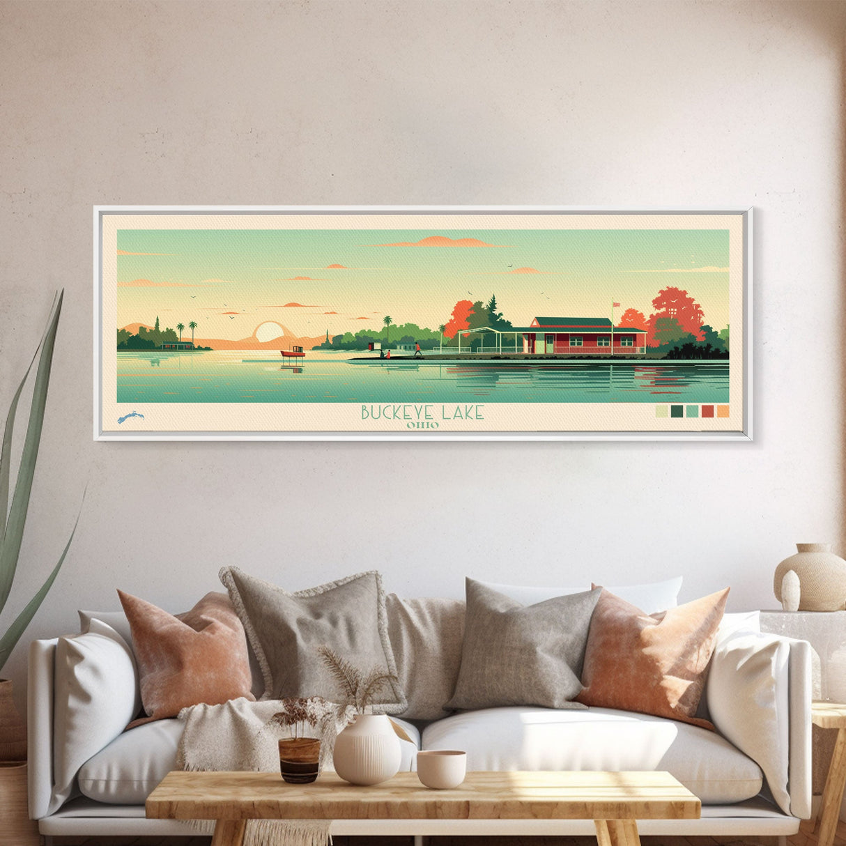 Lake Buckeye Framed Canvas Print, Panoramic Art, Midcentury Modern, Pop Art, Living Room Wall Art, Travel Poster, Lake House Decor