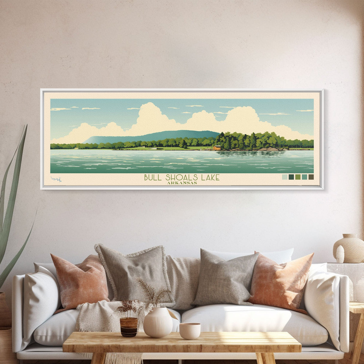 Lake Bull Shoals Framed Canvas Print, Panoramic Wall Art, Midcentury Modern, Pop Art, Bedroom Decor, Travel Poster, Living Room Art