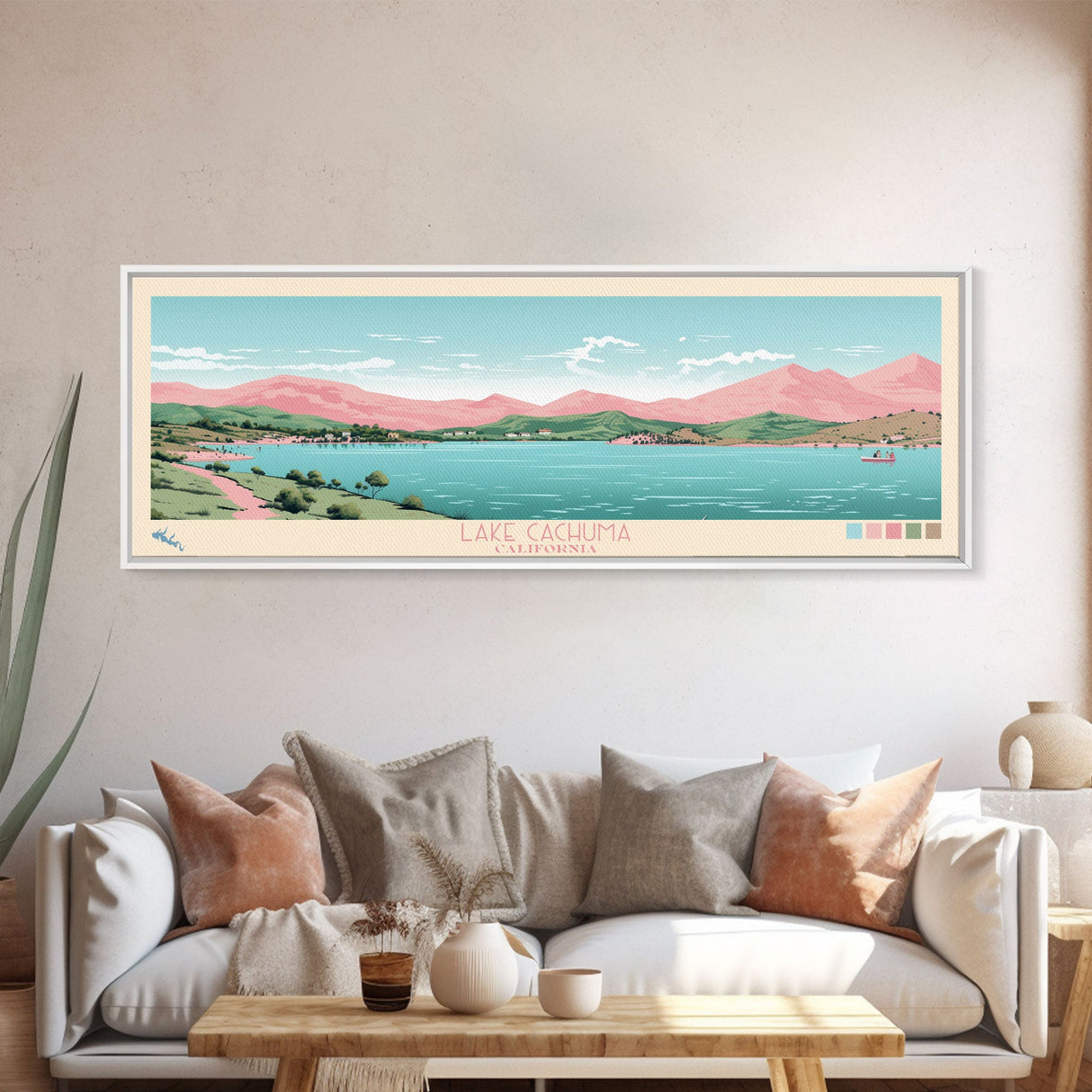 Lake Cachuma California Framed Canvas Print, Panoramic Art, Midcentury Modern, Pop Art, Living Room Wall Art, Travel Poster, Lake House Decor