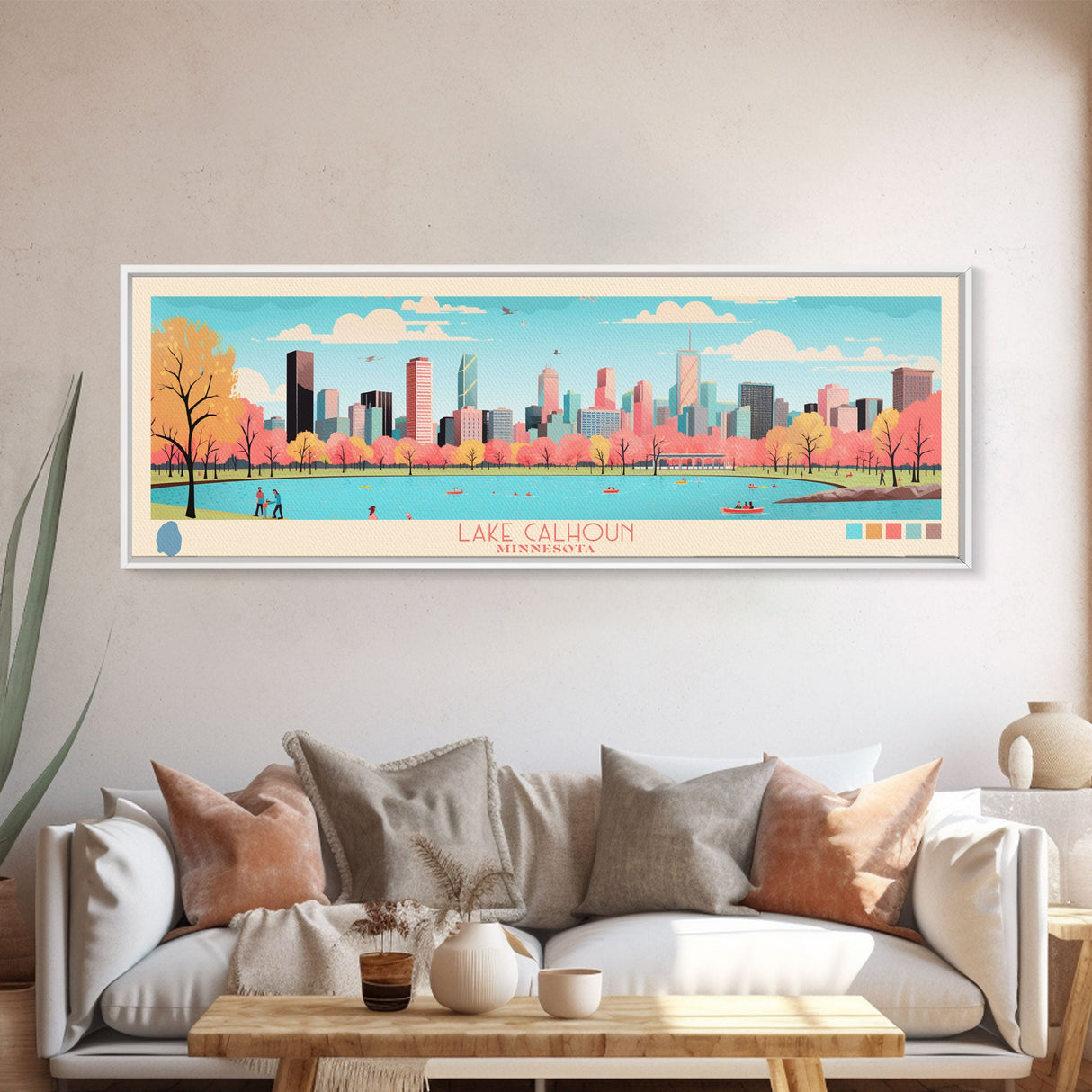 Lake Calhoun Minnesota Framed Canvas Print, Panoramic Wall Art, Midcentury Modern, Pop Art, Bedroom Decor, Travel Poster, Living Room Art