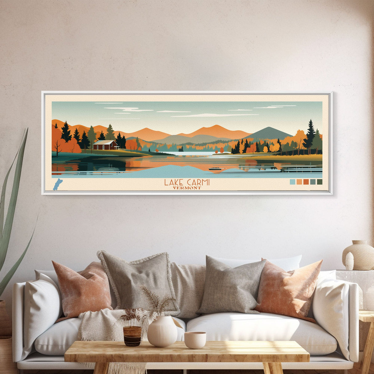 Lake Carmi Vermont Framed Canvas Print, Panoramic Art, Midcentury Modern, Pop Art, Living Room Wall Art, Travel Poster, Lake House Decor