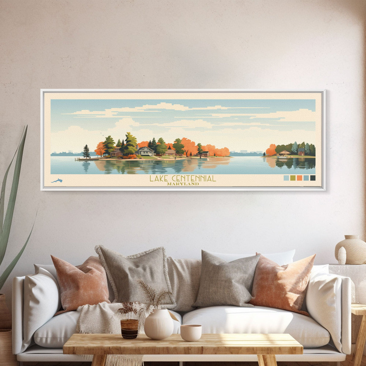 Lake Centennial Maryland Framed Canvas Print, Panoramic Wall Art, Midcentury Modern, Pop Art, Living Room Decor, Travel Poster, Bedroom Art