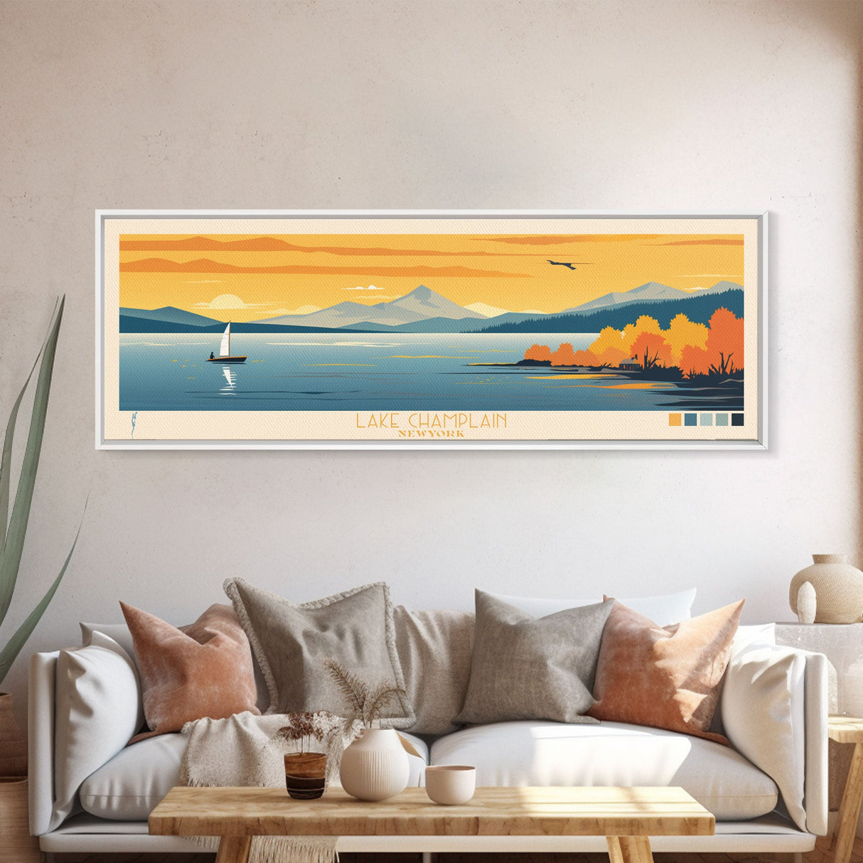 Lake Champlain New York Vermont Framed Canvas Print, Panoramic Art, Midcentury Modern, Pop Art, Living Room Wall Art, Travel Poster, Lake House Decor