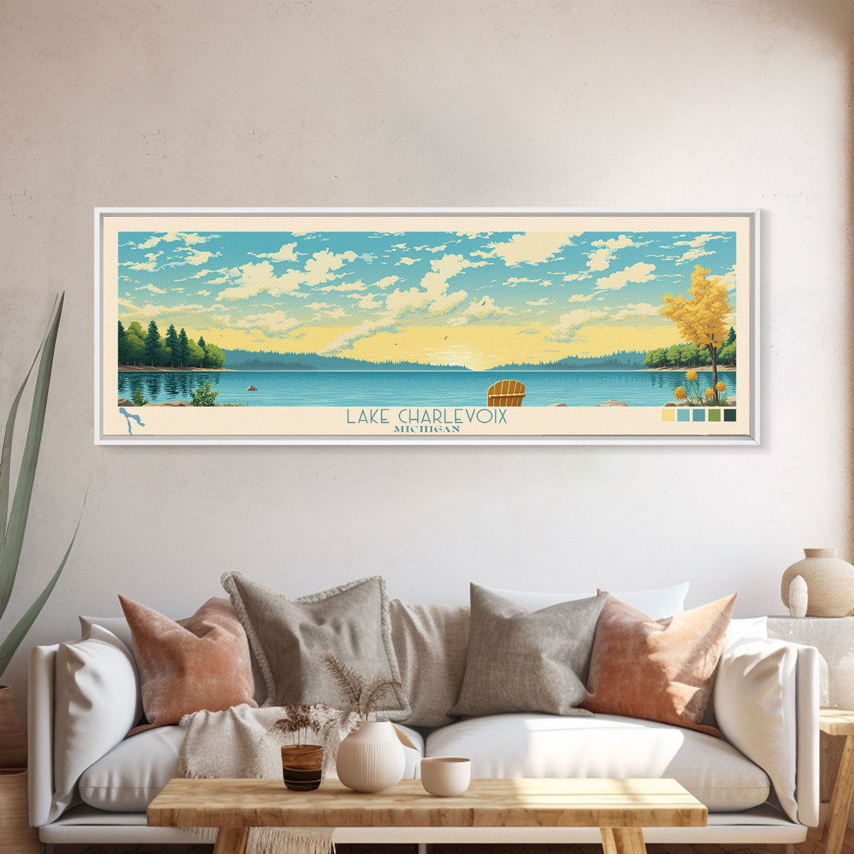 Lake Charlevoix Michigan Framed Canvas Print, Panoramic Wall Art, Midcentury Modern, Pop Art, Bedroom Decor, Travel Poster, Living Room Art