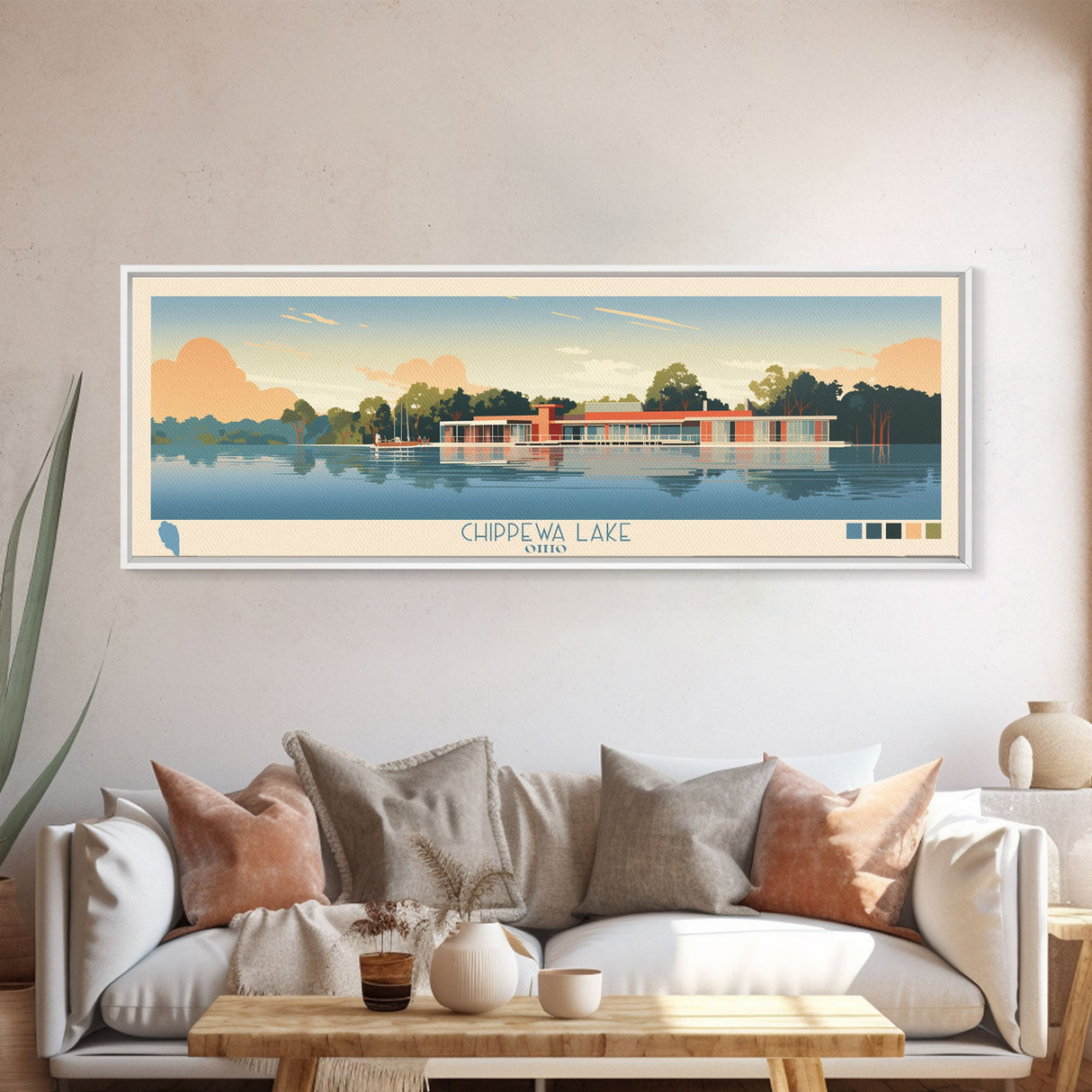 Lake Chippewa Framed Canvas Print, Panoramic Wall Art, Midcentury Modern, Pop Art, Bedroom Decor, Travel Poster, Living Room Art