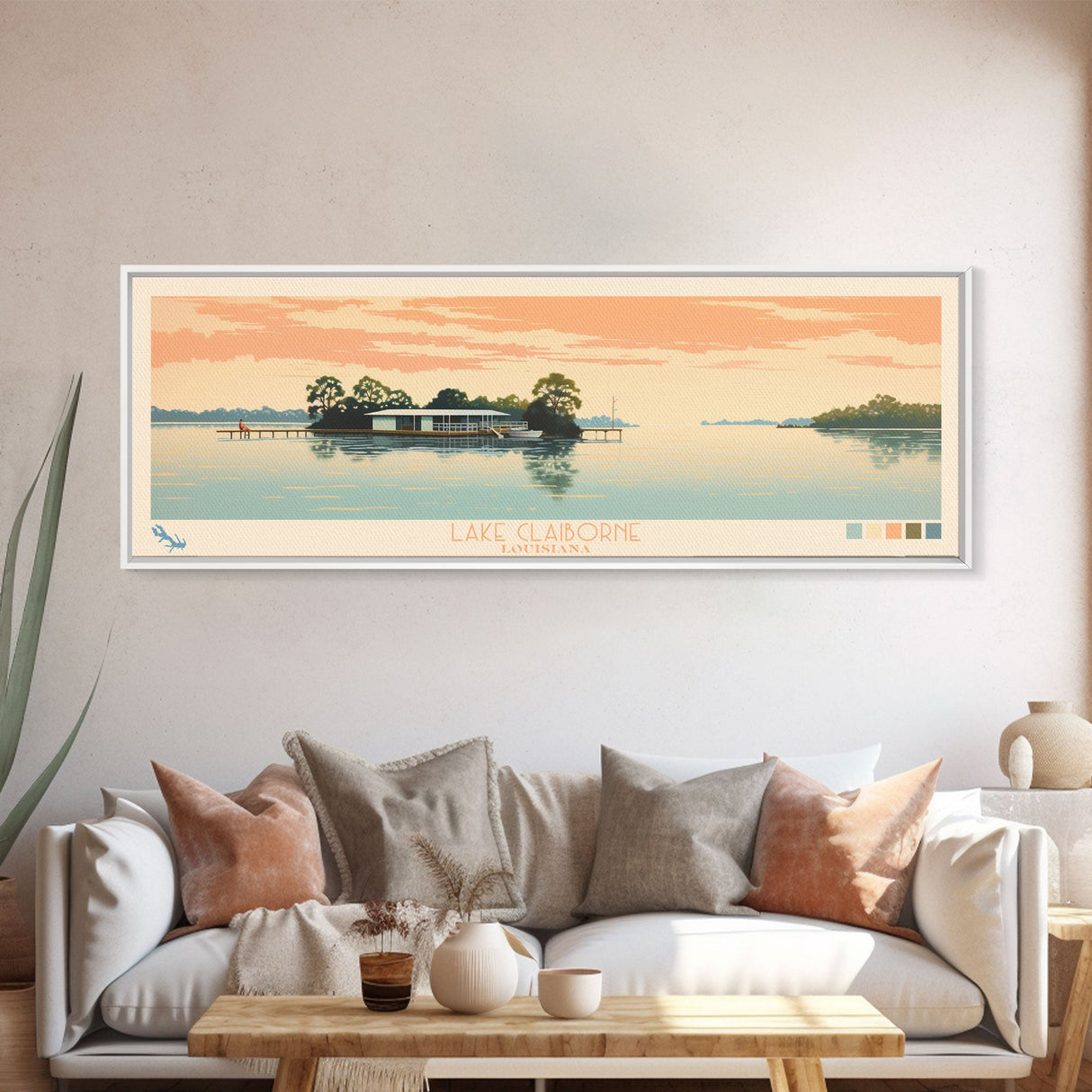 Lake Claiborne Louisiana Framed Canvas Print, Panoramic Wall Art, Midcentury Modern, Pop Art, Bedroom Decor, Travel Poster, Living Room Art