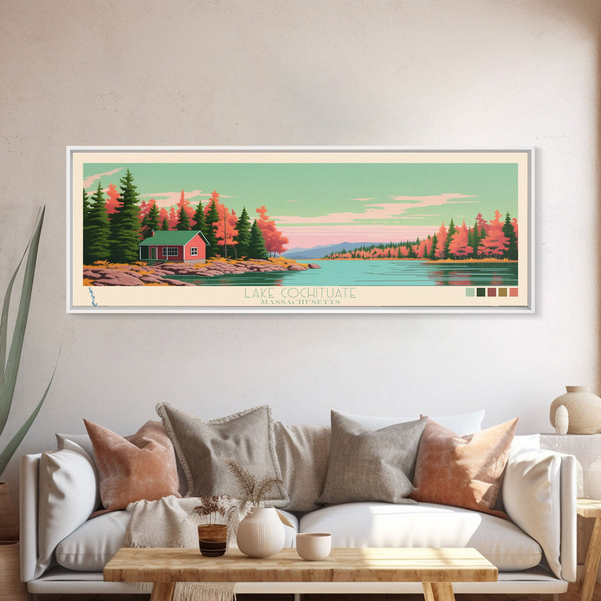 Lake Cochituate Massachusetts Framed Canvas Print, Panoramic Wall Art, Midcentury Modern, Pop Art, Bedroom Decor, Travel Poster, Living Room Art