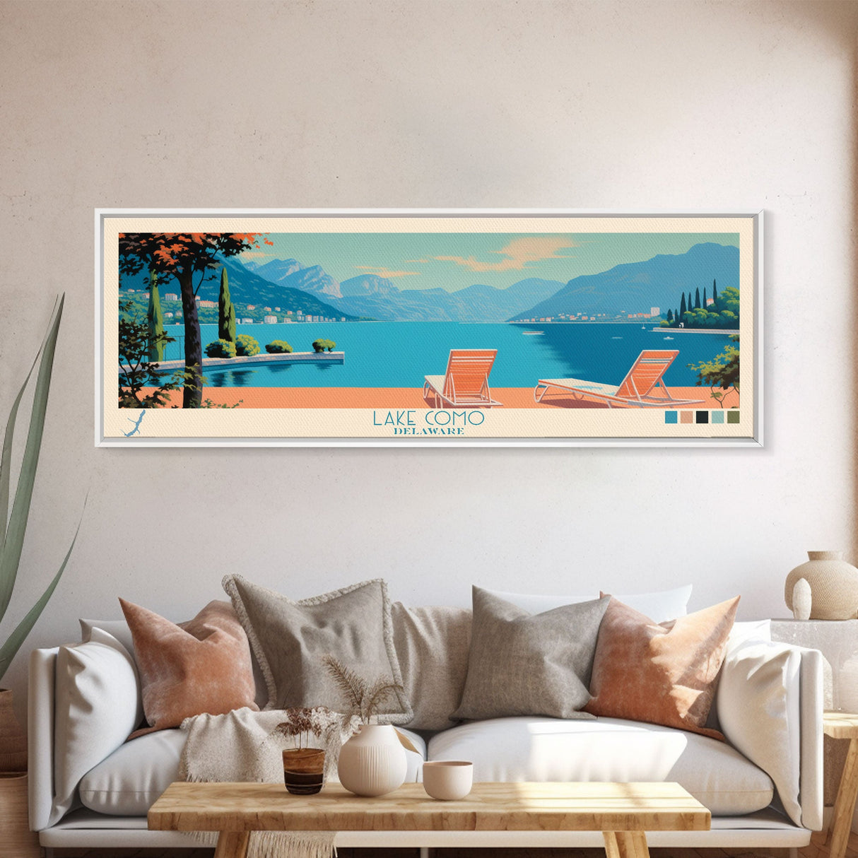 Lake Como Delaware Framed Canvas Print, Panoramic Wall Art, Midcentury Modern, Pop Art, Bedroom Decor, Travel Poster, Living Room Art