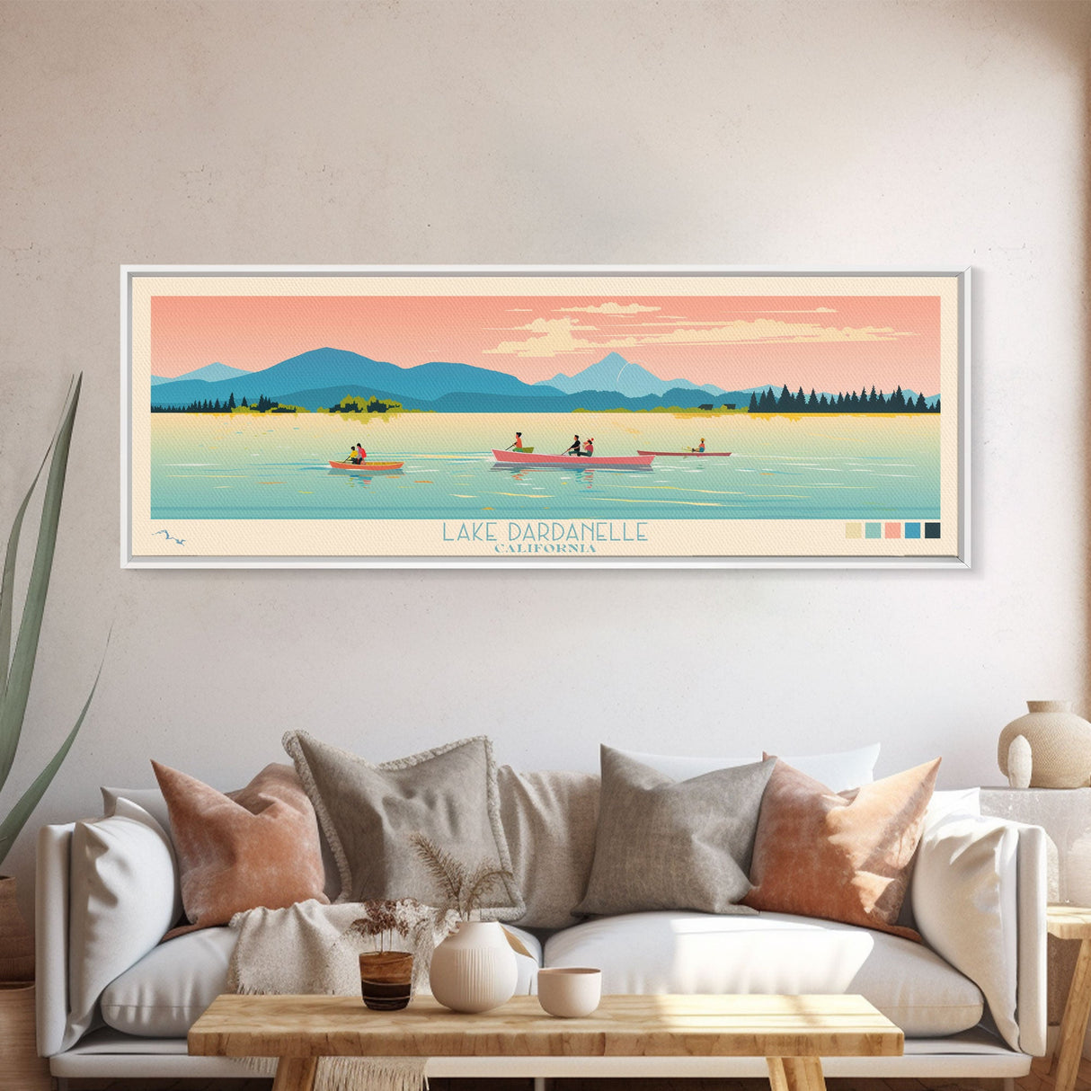 Lake Dardanelle California Framed Canvas Print, Panoramic Art, Midcentury Modern, Pop Art, Living Room Wall Art, Travel Poster, Lake House Decor