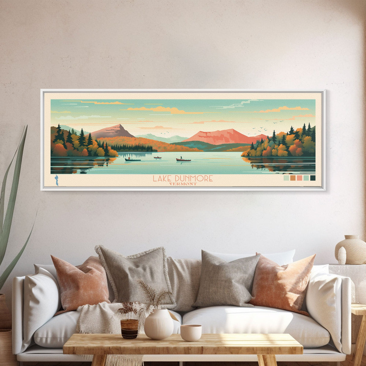 Lake Dunmore Vermont Framed Canvas Print, Panoramic Art, Midcentury Modern, Pop Art, Living Room Wall Art, Travel Poster, Lake House Decor