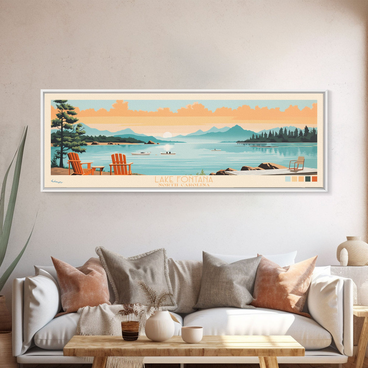 Lake Fontana North Carolina Framed Canvas Print, Panoramic Art, Midcentury Modern, Pop Art, Living Room Wall Art, Travel Poster, Lake House Decor