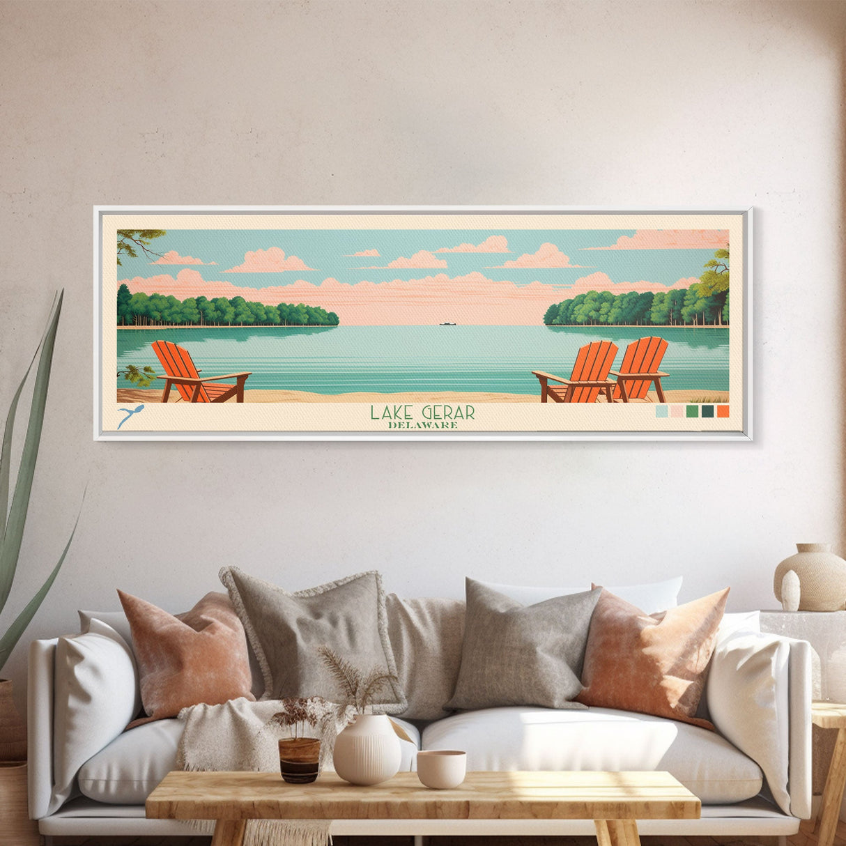 Lake Gerar Delaware Framed Canvas Print, Panoramic Wall Art, Midcentury Modern, Pop Art, Bedroom Decor, Travel Poster, Living Room Art