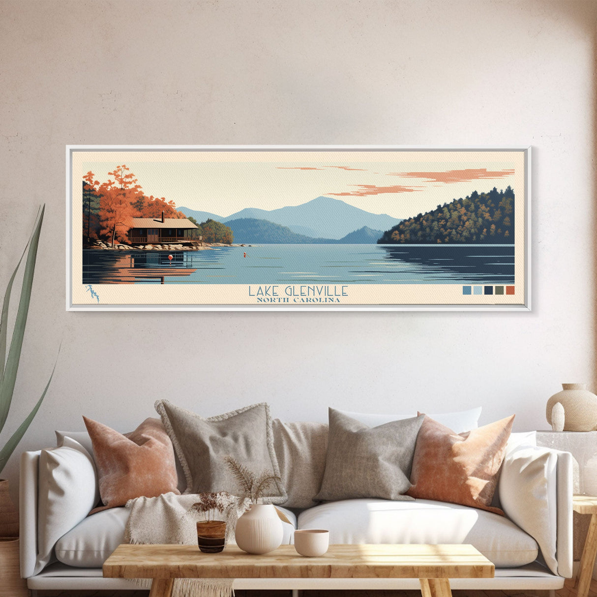 Lake Glenville North Carolina Framed Canvas Print, Panoramic Art, Midcentury Modern, Pop Art, Living Room Wall Art, Travel Poster, Lake House Decor