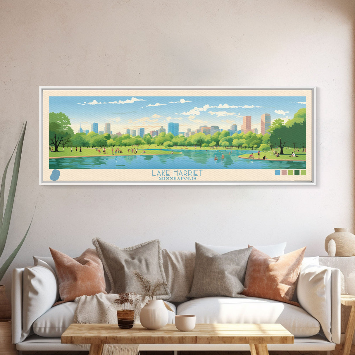 Lake Harriet Minneapolis Framed Canvas Print, Panoramic Wall Art, Midcentury Modern, Pop Art, Lake House Decor, Travel Poster, Living Room Art