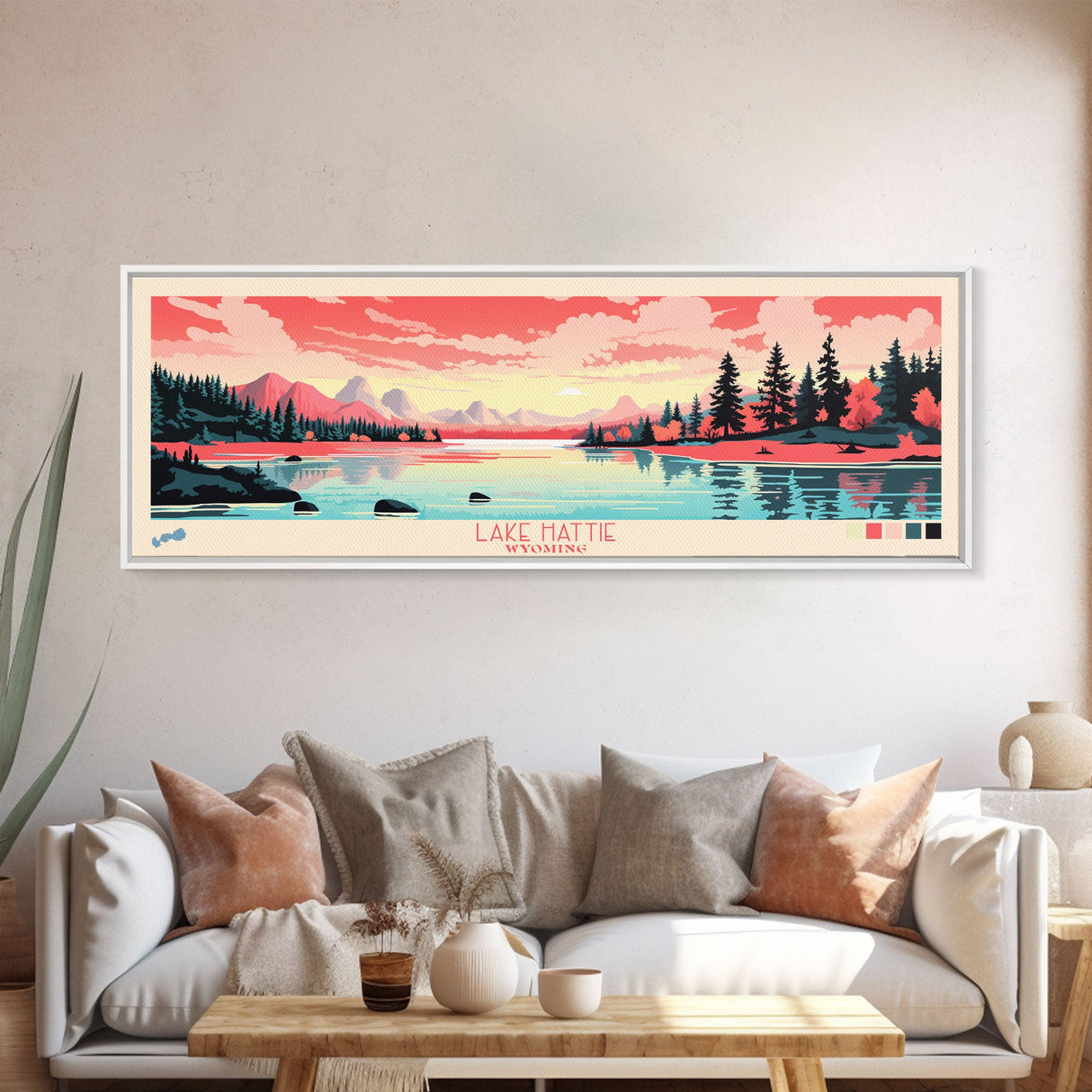 Lake Hattie Wyoming Framed Canvas Print, Panoramic Wall Art, Midcentury Modern, Pop Art, Living Room Decor, Travel Poster, Bedroom Art