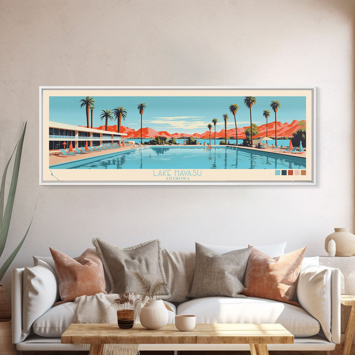 Lake Havasu Arizona Framed Canvas Print, Panoramic Wall Art, Midcentury Modern, Pop Art, Lake House Decor, Travel Poster, Living Room Art