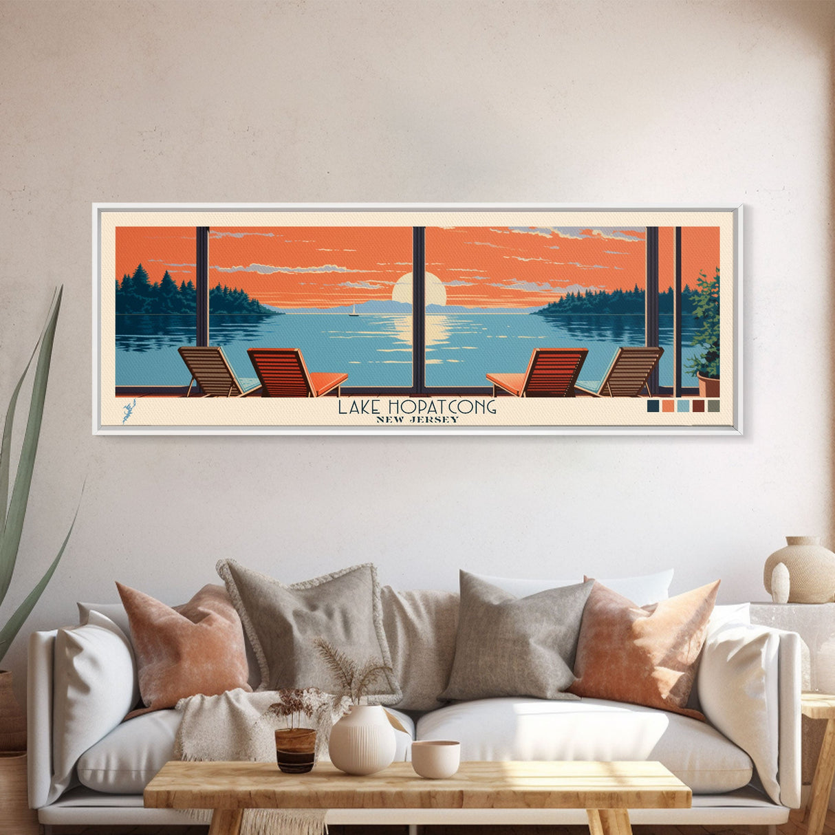 Lake Hopatcong New Jersey Framed Canvas Print, Panoramic Wall Art, Midcentury Modern, Pop Art, Living Room Decor, Travel Poster, Bedroom Art