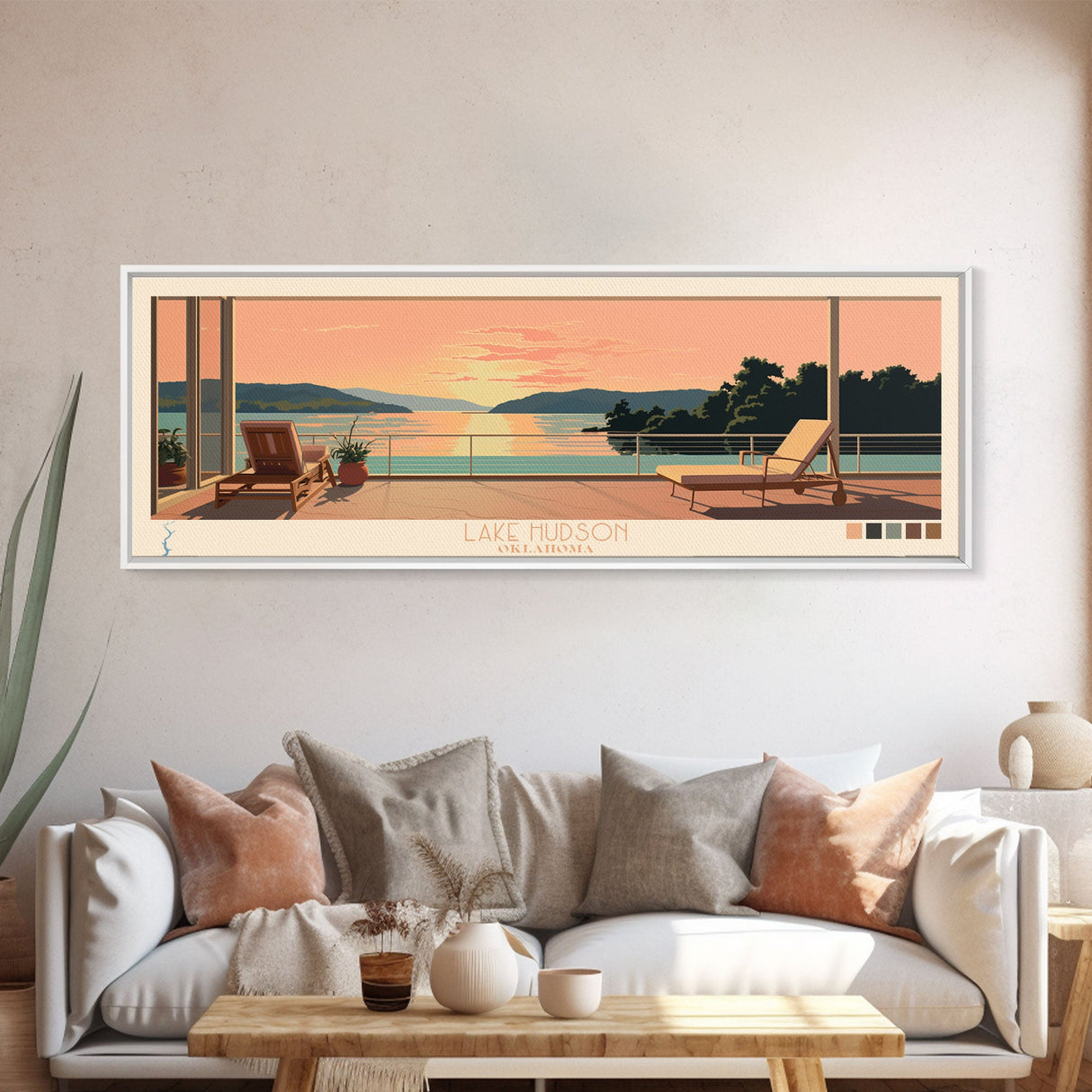 Lake Hudson Oklahoma Framed Canvas Print, Panoramic Wall Art, Midcentury Modern, Pop Art, Lake House Art, Travel Poster, Bedroom Decor