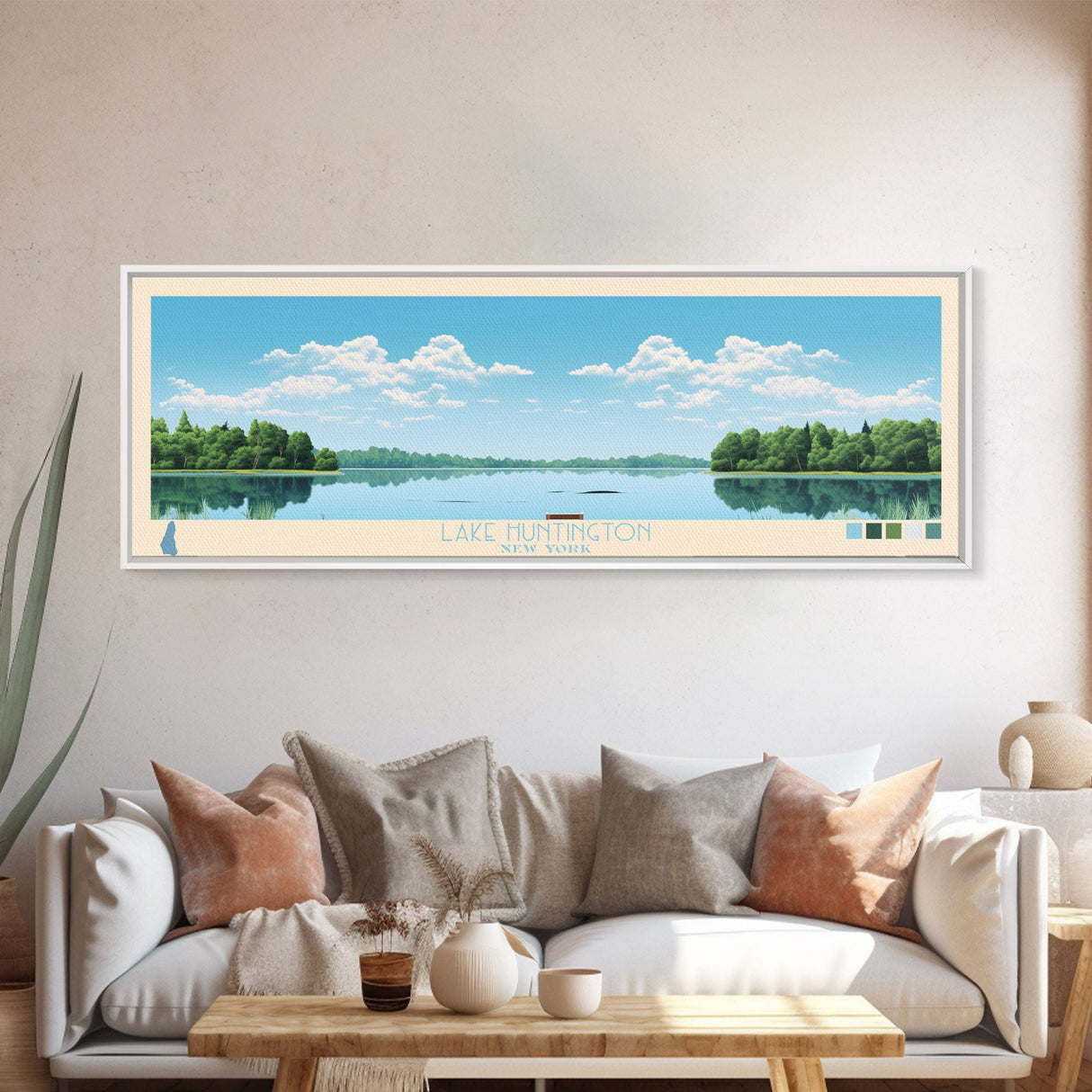 Lake Huntington New York Framed Canvas Print, Panoramic Wall Art, Midcentury Modern, Pop Art, Living Room Decor, Travel Poster, Bedroom Art