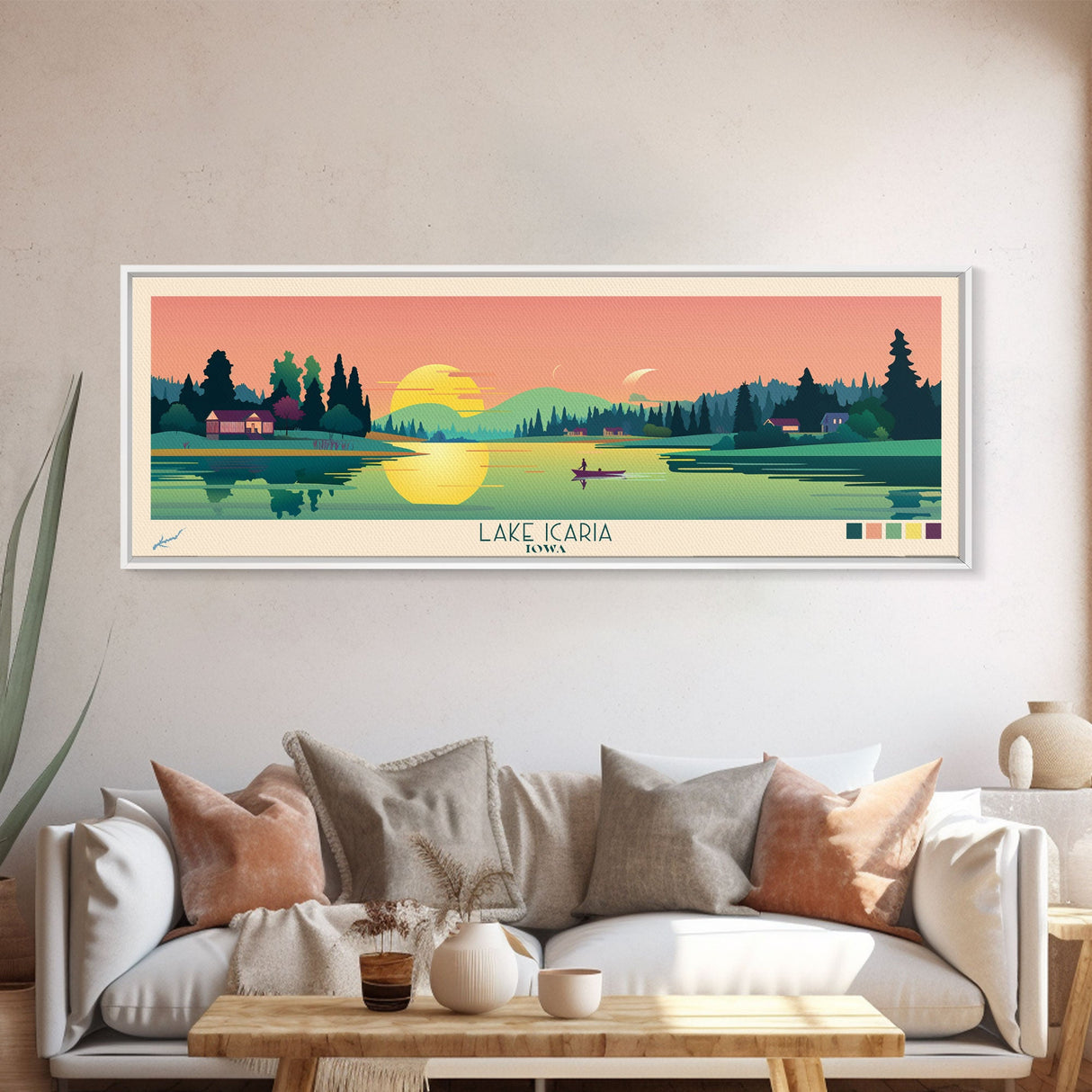 Lake Icaria Iowa Framed Canvas Print, Panoramic Wall Art, Midcentury Modern, Pop Art, Lake House Decor, Travel Poster, Bedroom Art