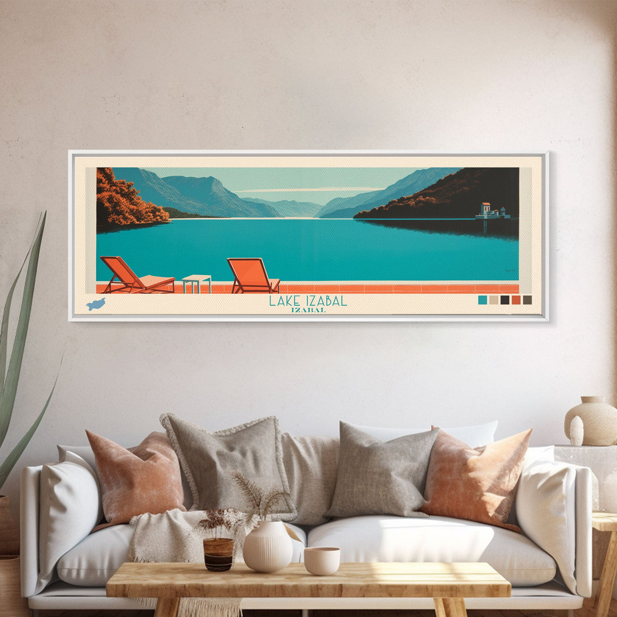 Lake Izabal Izabal Framed Canvas Print, Panoramic Wall Art, Midcentury Modern, Pop Art, Living Room Decor, Travel Poster, Bedroom Art