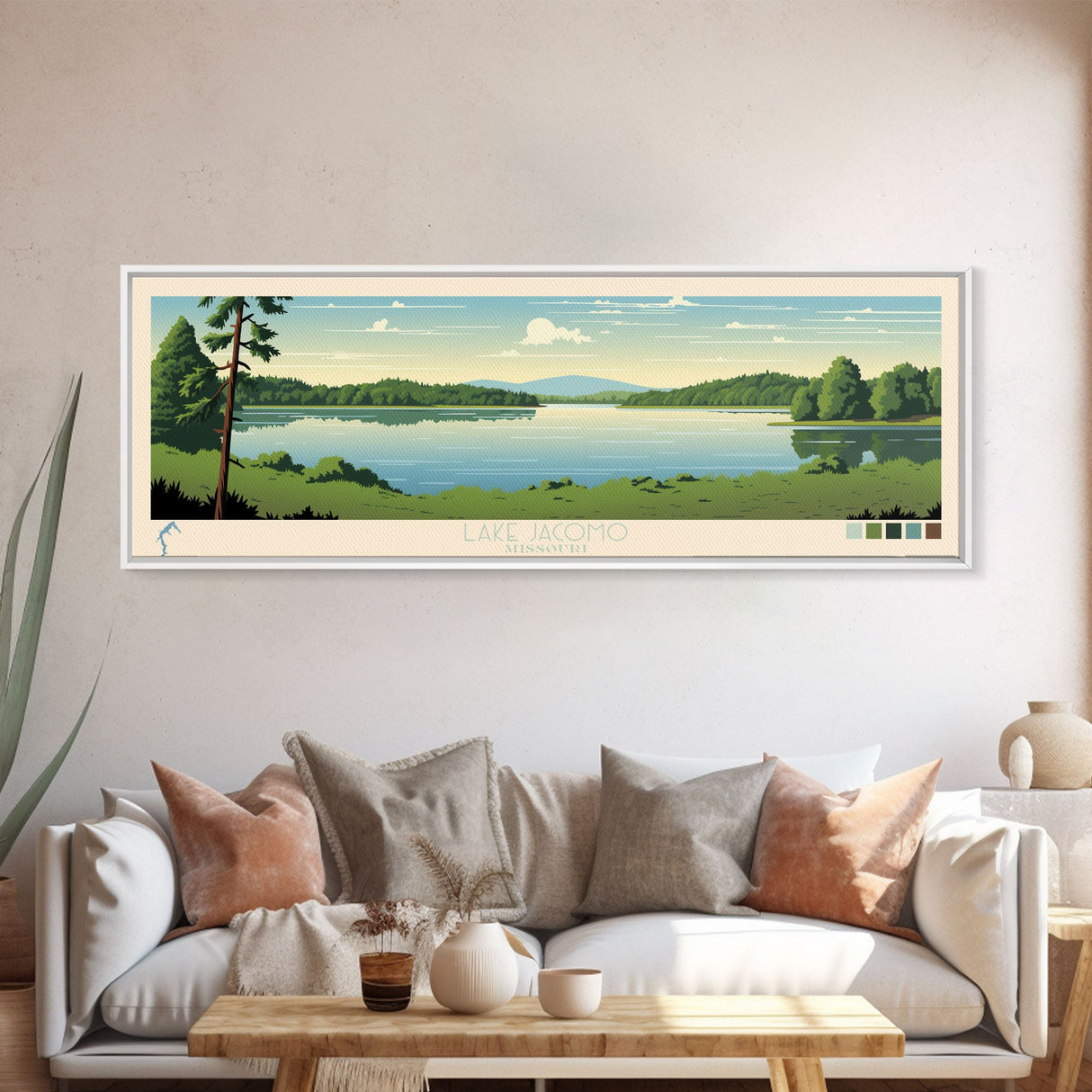 Lake Jacomo Missouri Framed Canvas Print, Panoramic Wall Art, Midcentury Modern, Pop Art, Lake House Decor, Travel Poster, Bedroom Art