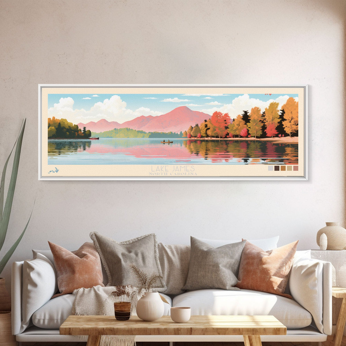 Lake James North Carolina Framed Canvas Print, Panoramic Wall Art, Midcentury Modern, Pop Art, Living Room Decor, Travel Poster, Bedroom Art