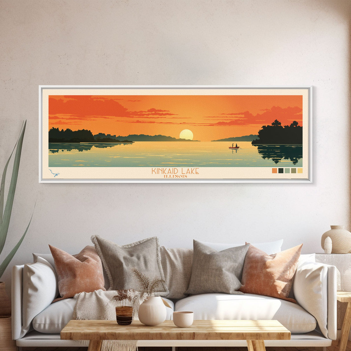 Lake Kinkaid Illinois Framed Canvas Print, Panoramic Wall Art, Midcentury Modern, Pop Art, Lake House Decor, Travel Poster, Bedroom Art