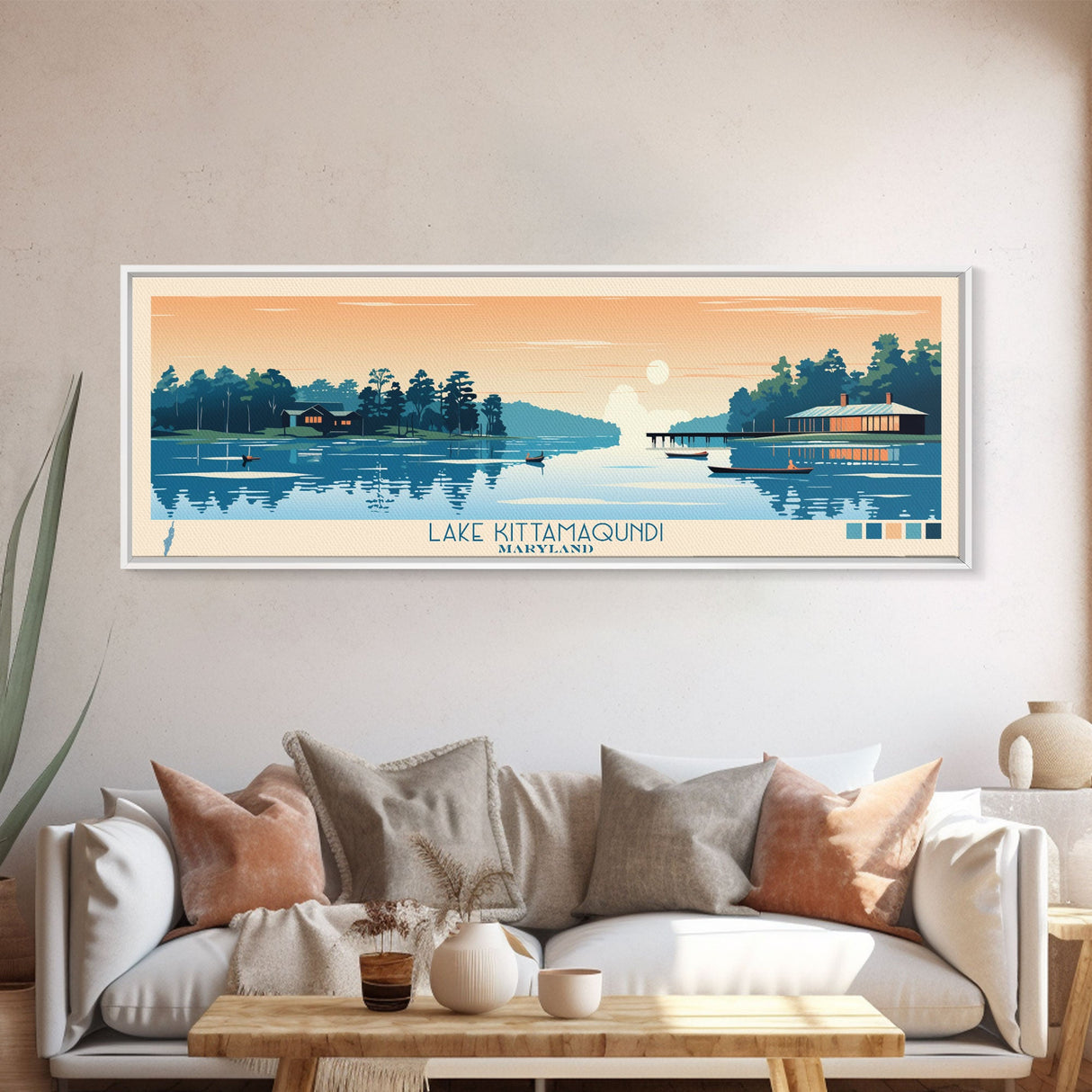 Lake Kittamaqundi Maryland Framed Canvas Print, Panoramic Wall Art, Midcentury Modern, Pop Art, Lake House Decor, Travel Poster, Bedroom Art