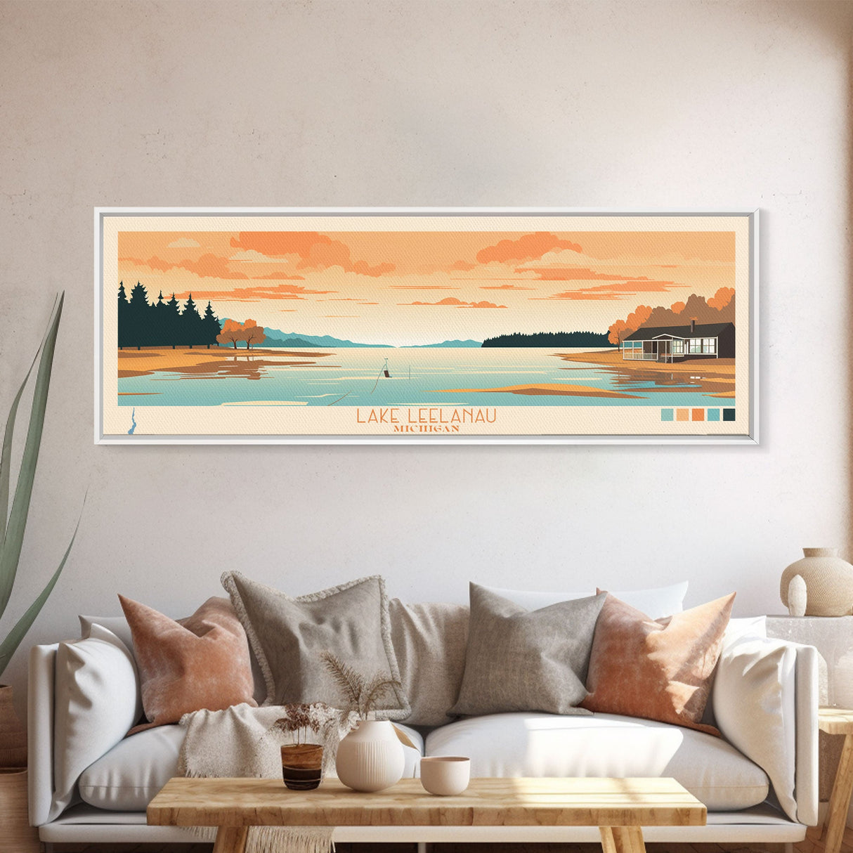 Lake Leelanau Michigan Framed Canvas Print, Panoramic Wall Art, Midcentury Modern, Pop Art, Living Room Decor, Travel Poster, Bedroom Art