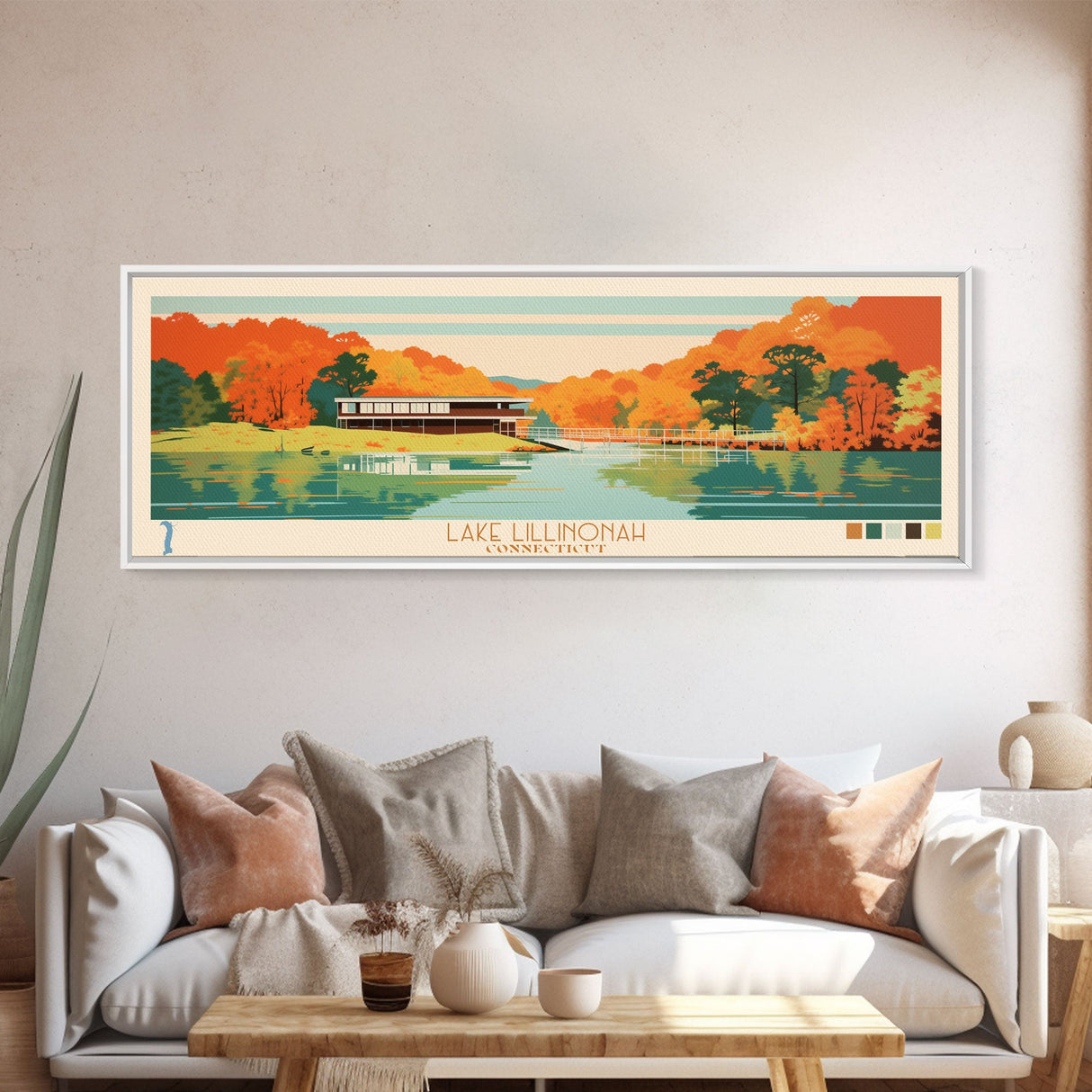 Lake Lillinonah Connecticut Framed Canvas Print, Panoramic Wall Art, Midcentury Modern, Pop Art, Living Room Decor, Travel Poster