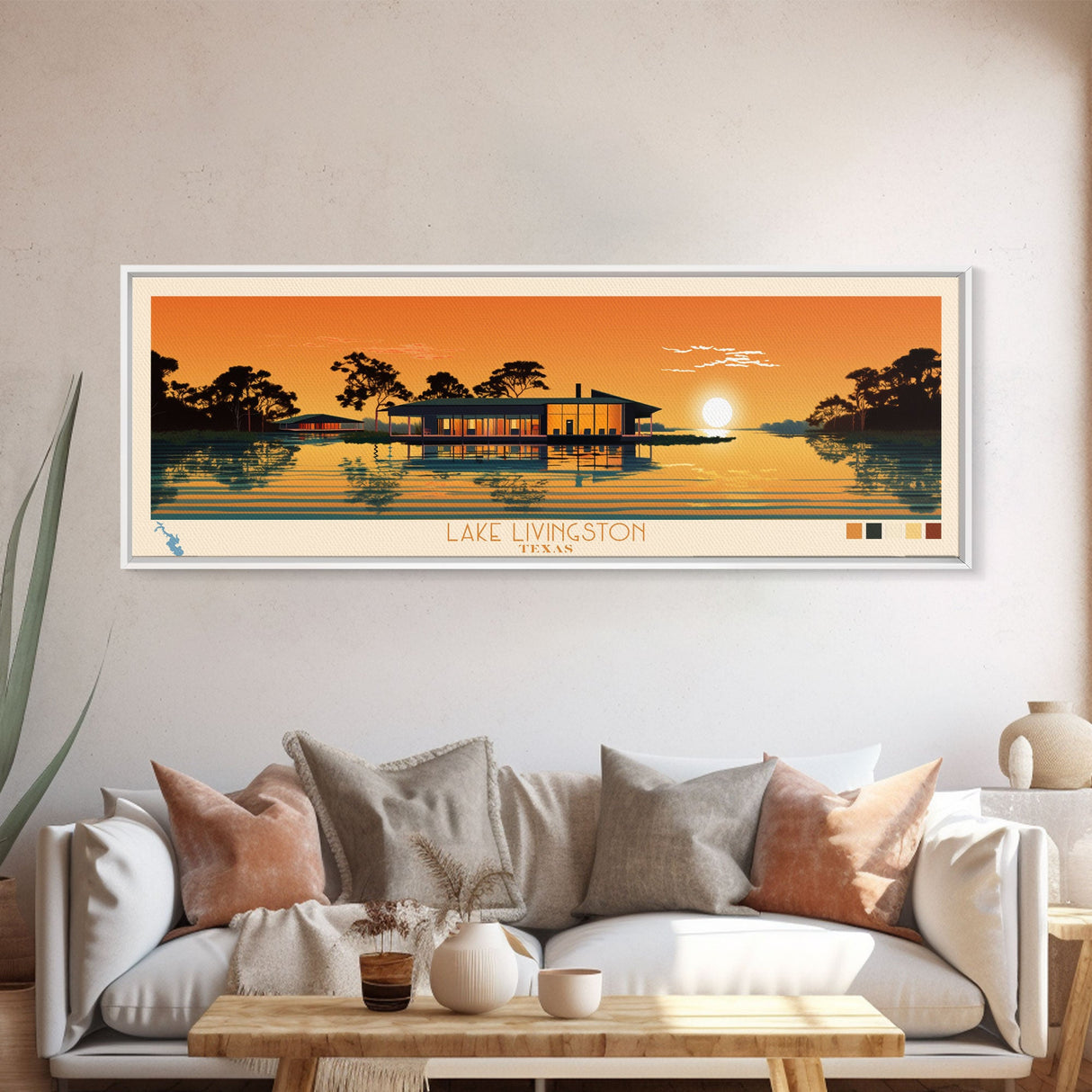 Lake Livingston Texas Framed Canvas Print, Panoramic Wall Art, Midcentury Modern, Pop Art, Bedroom Art, Travel Poster, Lake House Decor