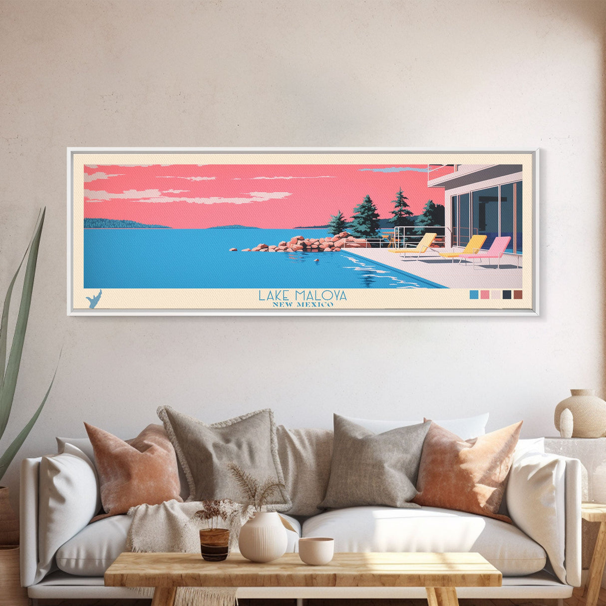 Lake Maloya New Mexico Framed Canvas Print, Panoramic Wall Art, Midcentury Modern, Pop Art, Bedroom Art, Travel Poster, Lake House Decor