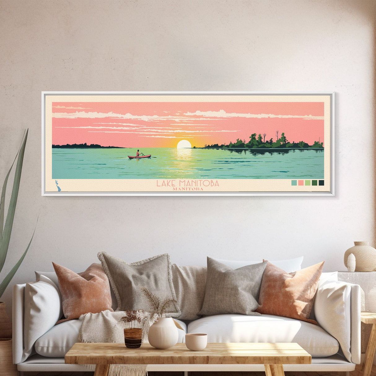 Lake Manitoba Manitoba Framed Canvas Print, Panoramic Wall Art, Midcentury Modern, Pop Art, Bedroom Art, Travel Poster, Lake House Decor