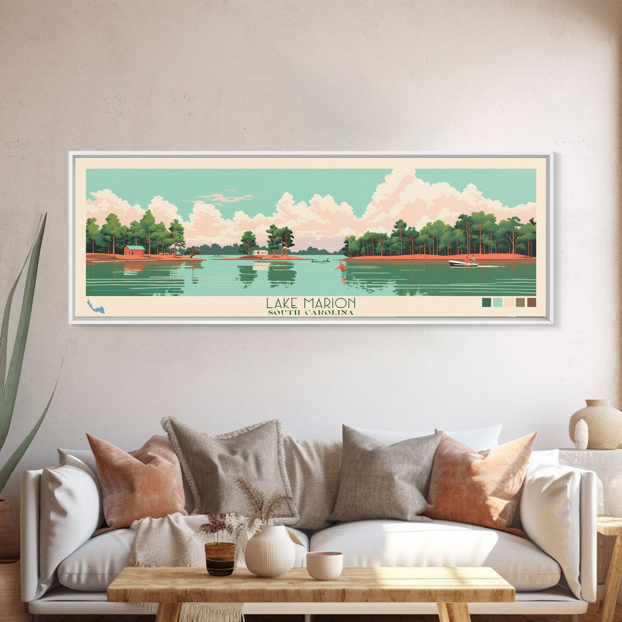 Lake Marion South Carolina Framed Canvas Print, Panoramic Wall Art, Midcentury Modern, Pop Art, Bedroom Art, Travel Poster, Lake House Decor