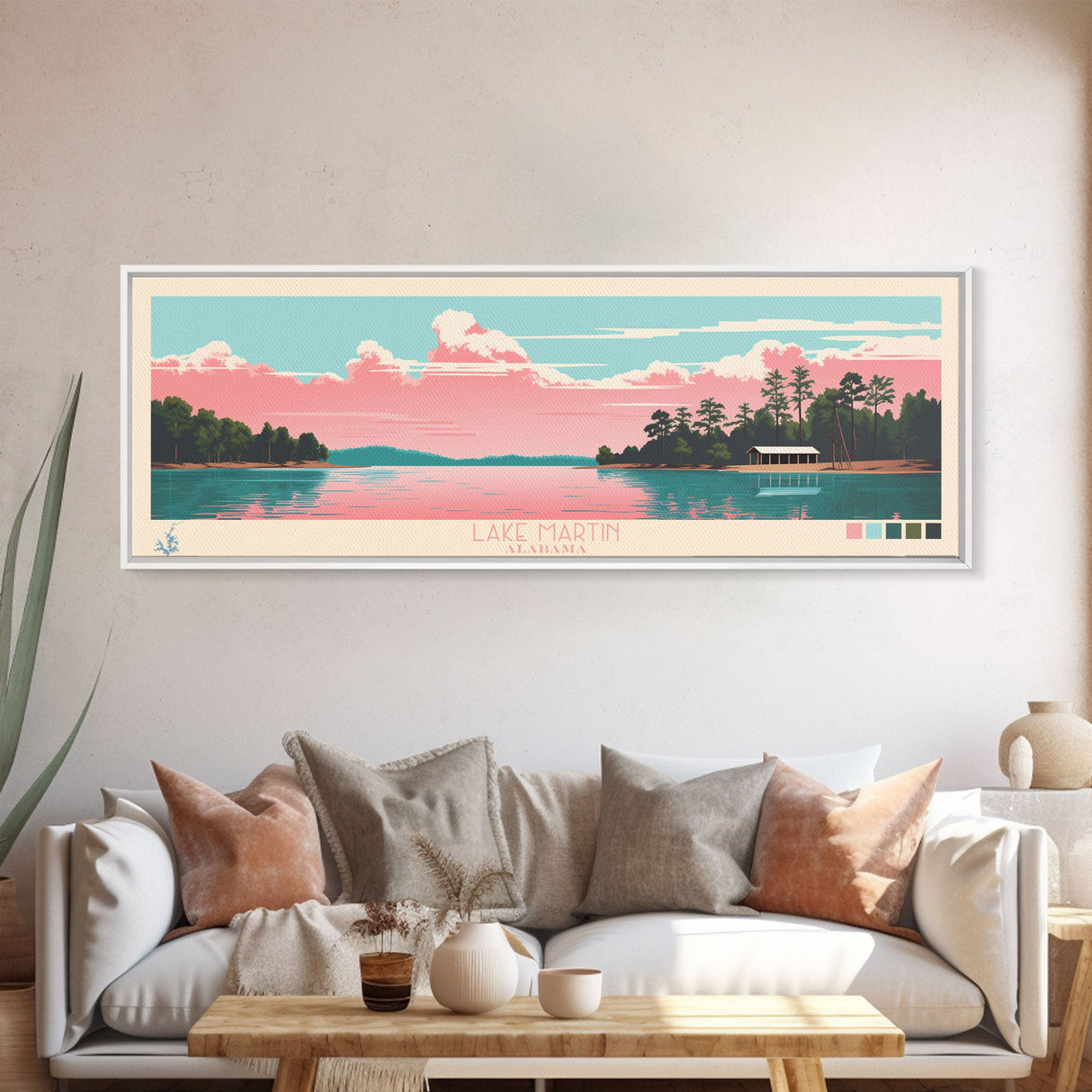 Lake Martin Alabama Framed Canvas Print, Panoramic Wall Art, Midcentury Modern, Pop Art, Living Room Decor, Travel Poster