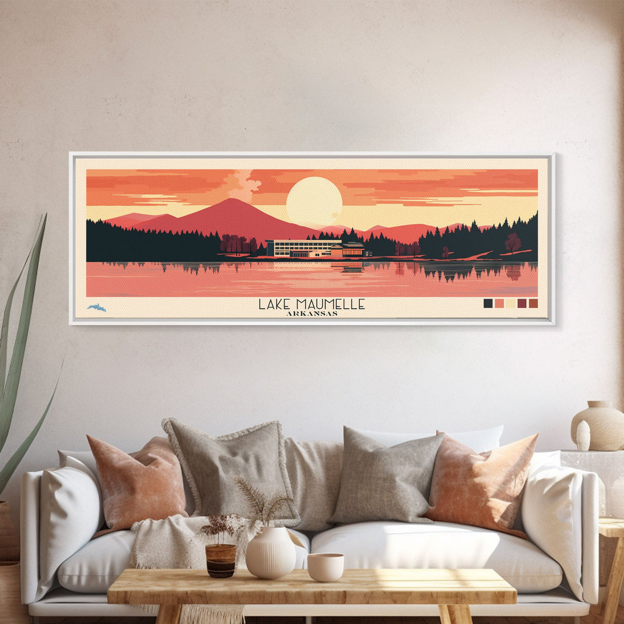 Lake Maumelle Arkansas Framed Canvas Print, Panoramic Wall Art, Midcentury Modern, Pop Art, Living Room Decor, Travel Poster