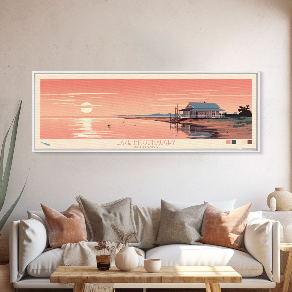 Lake McConaughy Nebraska Framed Canvas Print, Panoramic Wall Art, Midcentury Modern, Pop Art, Bedroom Art, Travel Poster, Lake House Decor