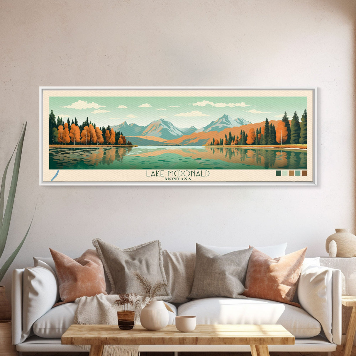 Lake McDonald Montana Framed Canvas Print, Panoramic Wall Art, Midcentury Modern, Pop Art, Living Room Decor, Travel Poster