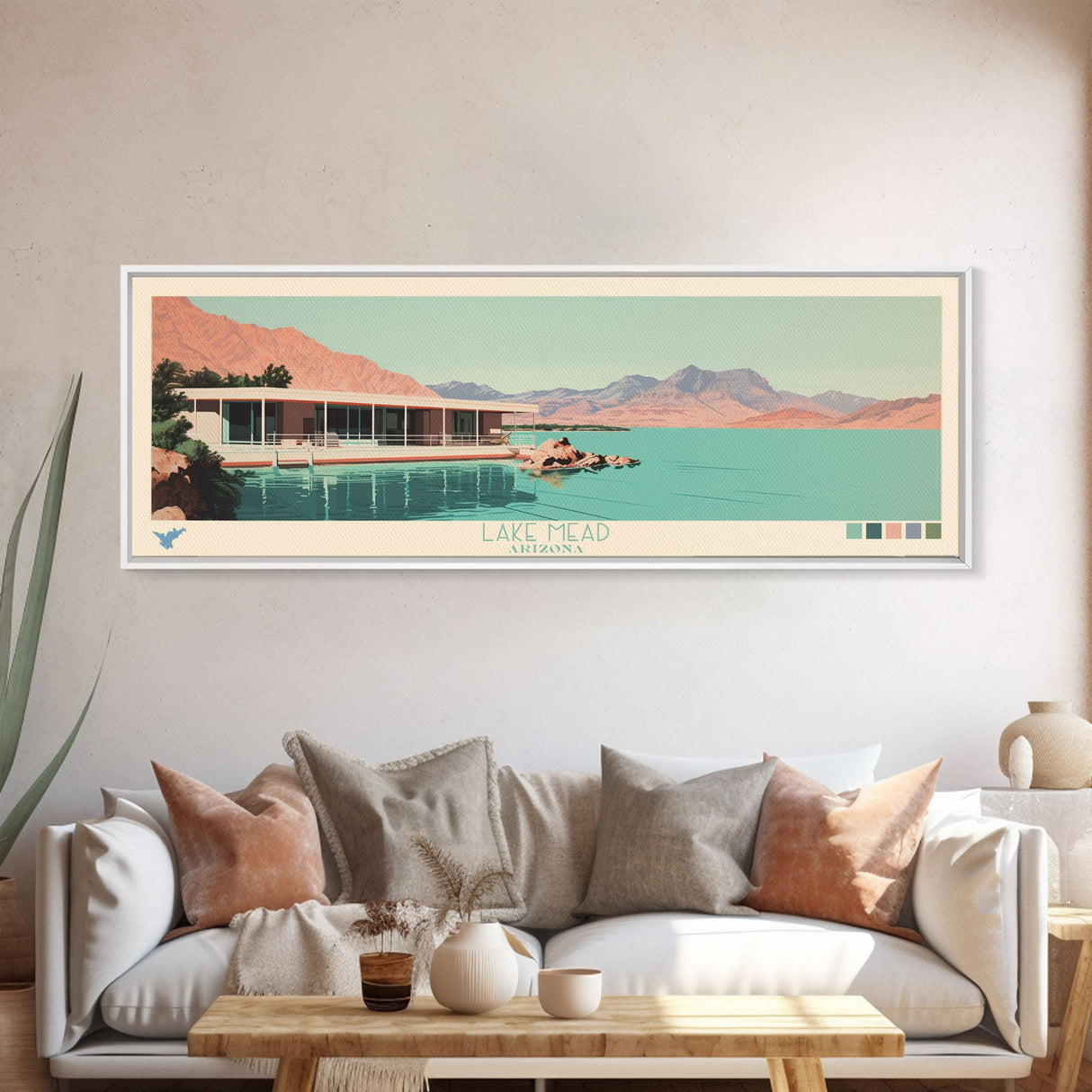 Lake Mead Arizona Nevada Framed Canvas Print, Panoramic Wall Art, Midcentury Modern, Pop Art, Living Room Decor, Travel Poster