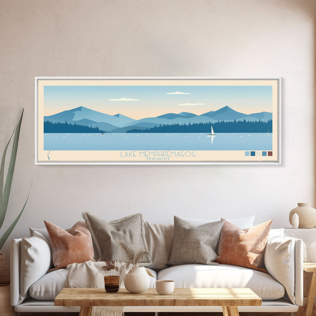 Lake Memphremagog Vermont Framed Canvas Print, Panoramic Wall Art, Midcentury Modern, Pop Art, Bedroom Art, Travel Poster, Lake House Decor