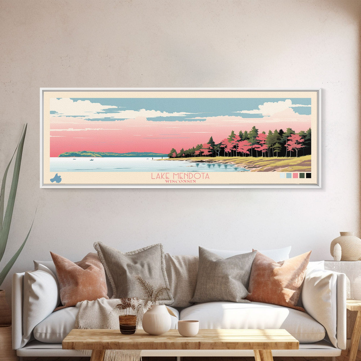 Lake Mendota Wisconsin Framed Canvas Print, Panoramic Wall Art, Midcentury Modern, Pop Art, Living Room Decor, Travel Poster