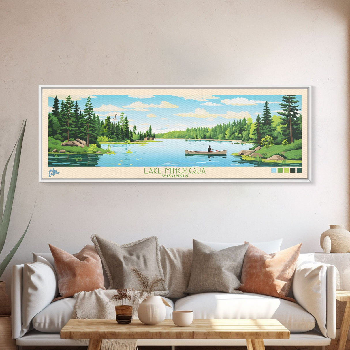 Lake Minocqua Wisconsin Framed Canvas Print, Panoramic Wall Art, Midcentury Modern, Pop Art, Living Room Decor, Travel Poster